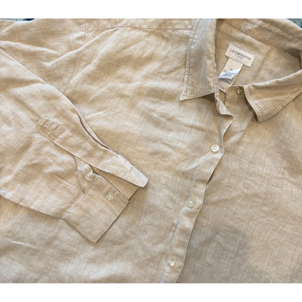 Liz Claiborne LizSport XL 100% Linen Shirt Beige Button Up Coastal Lagenlook